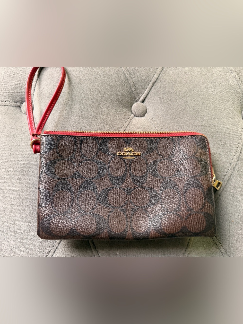 Coach Brown Signature Canvas Wristlet with Red Trim